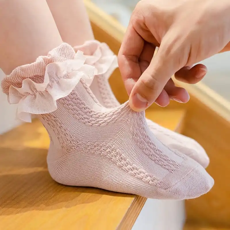 Kids Fashion Lace Design Breathable Combed Cotton Socks