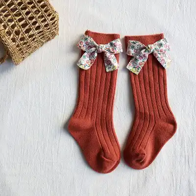 Kids Fashion Bowknot Decor Breathable Combed Cotton Long Barrel Socks