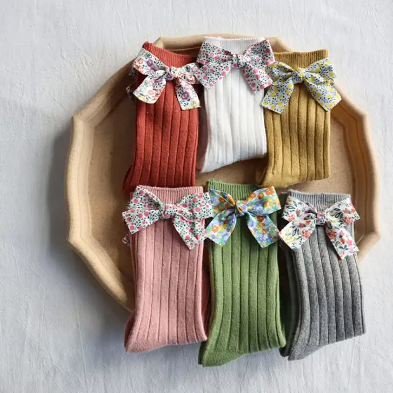 Kids Fashion Bowknot Decor Breathable Combed Cotton Long Barrel Socks
