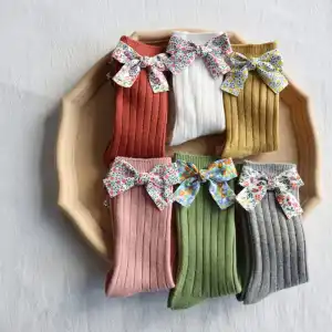 Kids Fashion Bowknot Decor Breathable Combed Cotton Long Barrel Socks