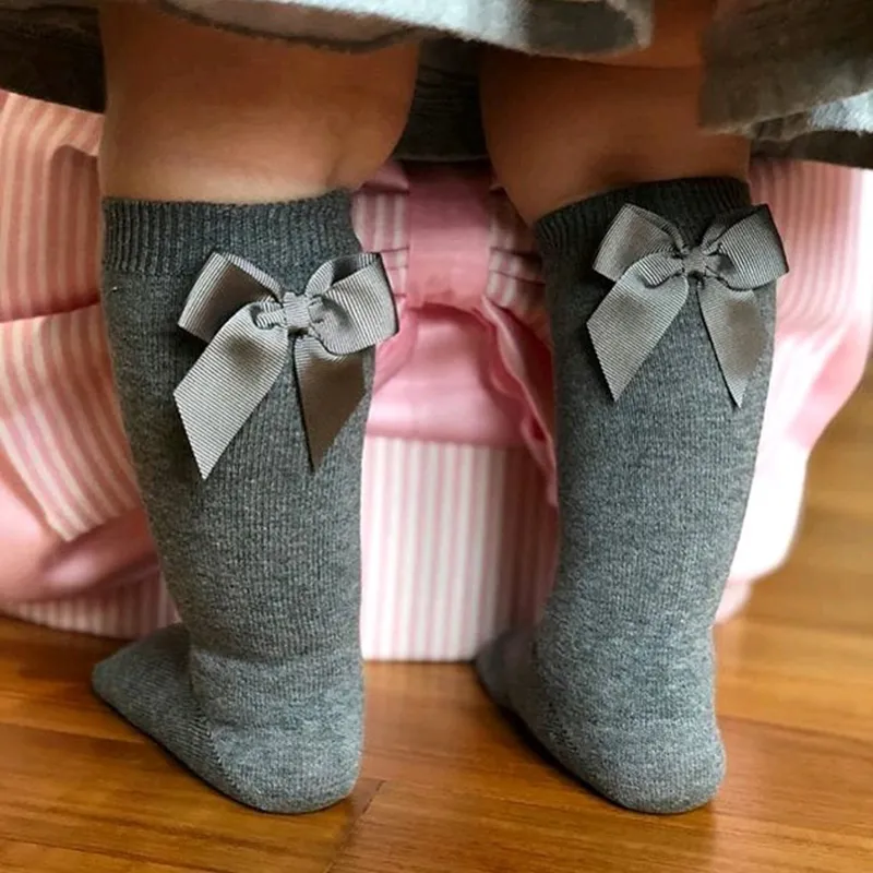 Kids Fashion Bowknot Decor Solid Color Long Cotton Socks for Unisex