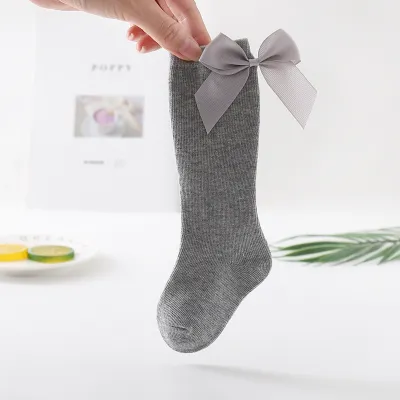 Kids Fashion Bowknot Decor Solid Color Long Cotton Socks for Unisex