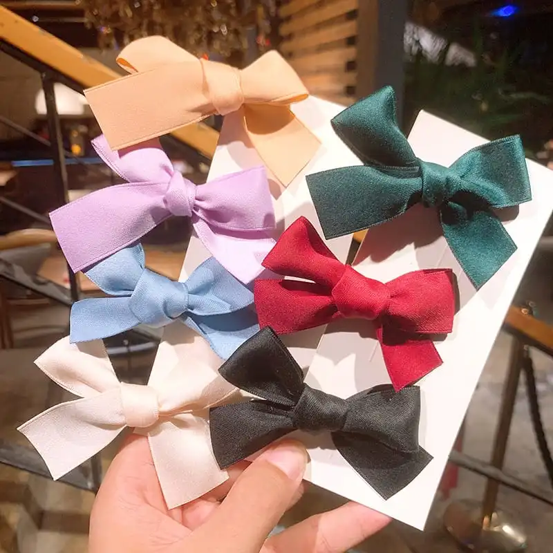 Solid Color Satin Bowknot Hair Clips for Girls Kids Accessories