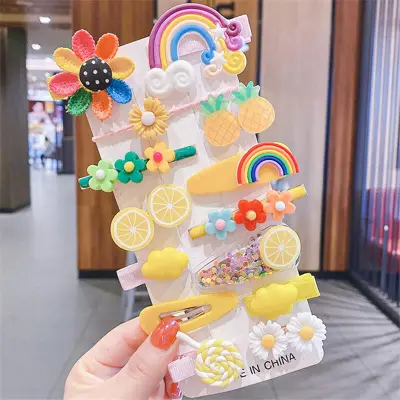 Girls Creative Cartoon Shape Hair Accessories Set with Fruits Flowers Animals Soft Ceramic Resin Plastic Hairpins Clips