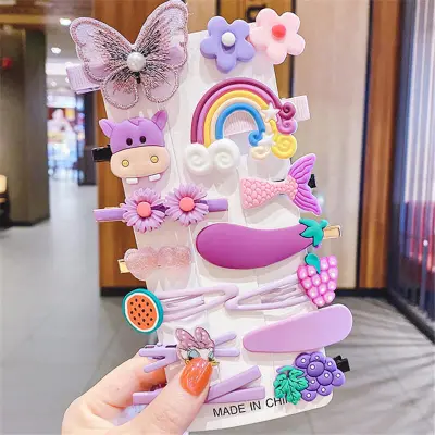 Girls Creative Cartoon Shape Hair Accessories Set with Fruits Flowers Animals Soft Ceramic Resin Plastic Hairpins Clips