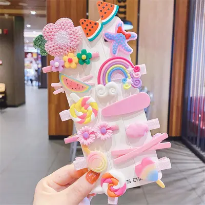Girls Creative Cartoon Shape Hair Accessories Set with Fruits Flowers Animals Soft Ceramic Resin Plastic Hairpins Clips