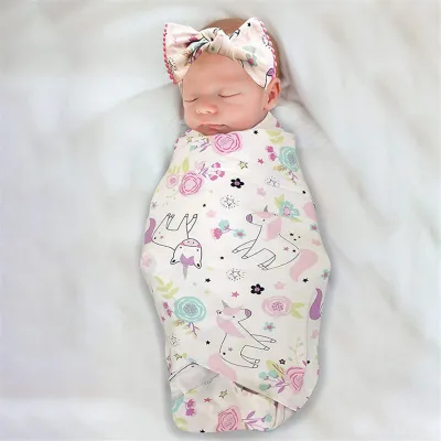 Newborn Soft Cotton Swaddle Wrap With Hat - Cartoon Print Unisex