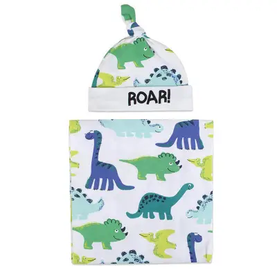 Newborn Soft Cotton Swaddle Wrap With Hat - Cartoon Print Unisex