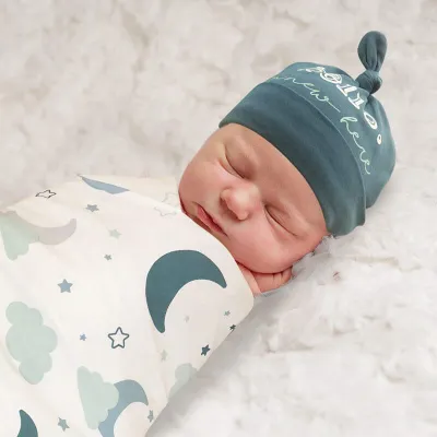 Newborn Soft Cotton Swaddle Wrap With Hat - Cartoon Print Unisex