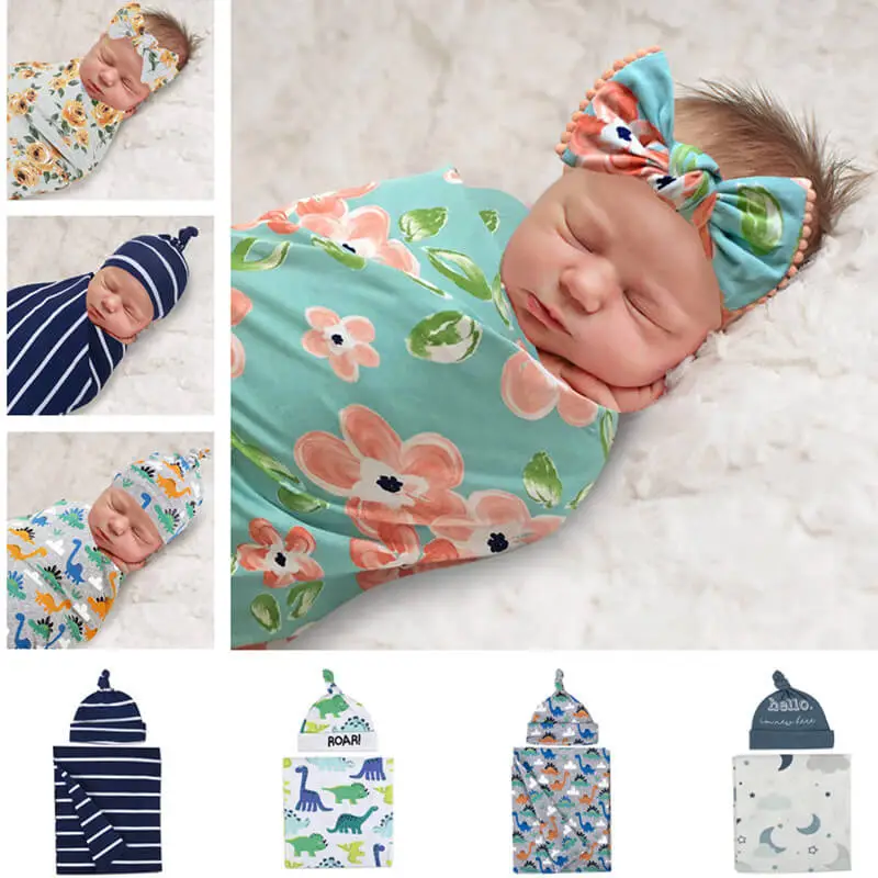 Newborn Soft Cotton Swaddle Wrap With Hat - Cartoon Print Unisex