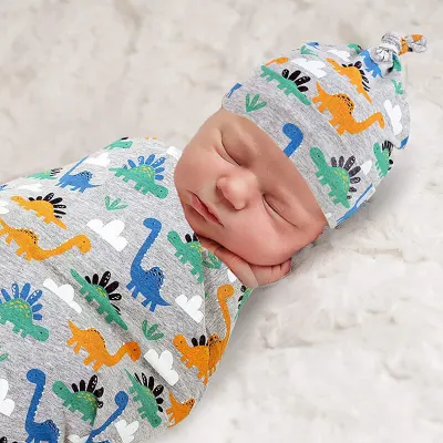 Newborn Soft Cotton Swaddle Wrap With Hat - Cartoon Print Unisex