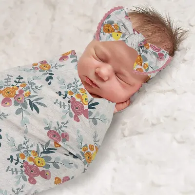 Newborn Soft Cotton Swaddle Wrap With Hat - Cartoon Print Unisex