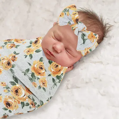 Newborn Soft Cotton Swaddle Wrap With Hat - Cartoon Print Unisex