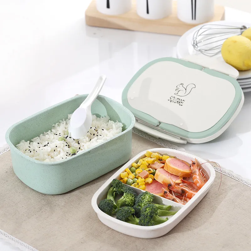 Caja de Almuerzo Portátil de Paja de Trigo de Doble Capa - Contenedor de Plástico cuadrado de color sólido estilo chino para cocina hogar