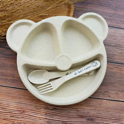 Creative Round Bear Tableware Set for Kids Cartoon Wheat Straw Plate Children's Day Gift