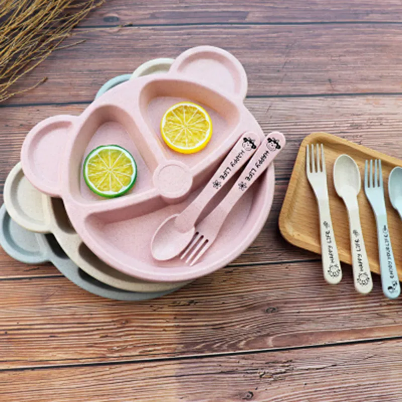 Creative Round Bear Tableware Set for Kids Cartoon Wheat Straw Plate Children's Day Gift