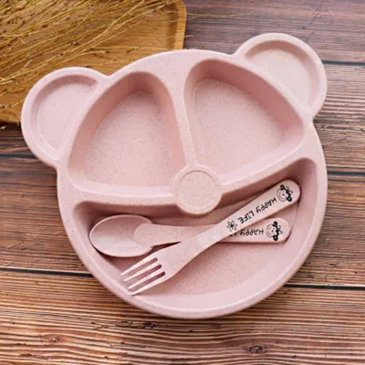 Creative Round Bear Tableware Set for Kids Cartoon Wheat Straw Plate Children's Day Gift