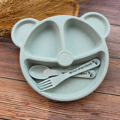Creative Round Bear Tableware Set for Kids Cartoon Wheat Straw Plate Children's Day Gift