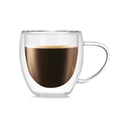 Creative Double Layer Coffee Cup with Handle - Cartoon Round High Borosilicate Glass, 150ml/250ml/350ml/450ml for Coffee Shop