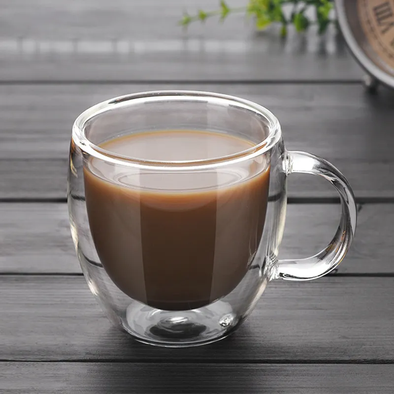 Creative Double Layer Coffee Cup with Handle - Cartoon Round High Borosilicate Glass, 150ml/250ml/350ml/450ml for Coffee Shop