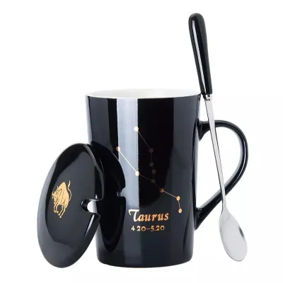 Ceramic Coffee Cup with Lid and Spoon Set for Home Kitchen