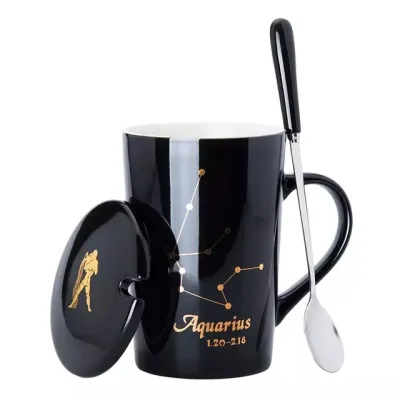 Ceramic Coffee Cup with Lid and Spoon Set for Home Kitchen