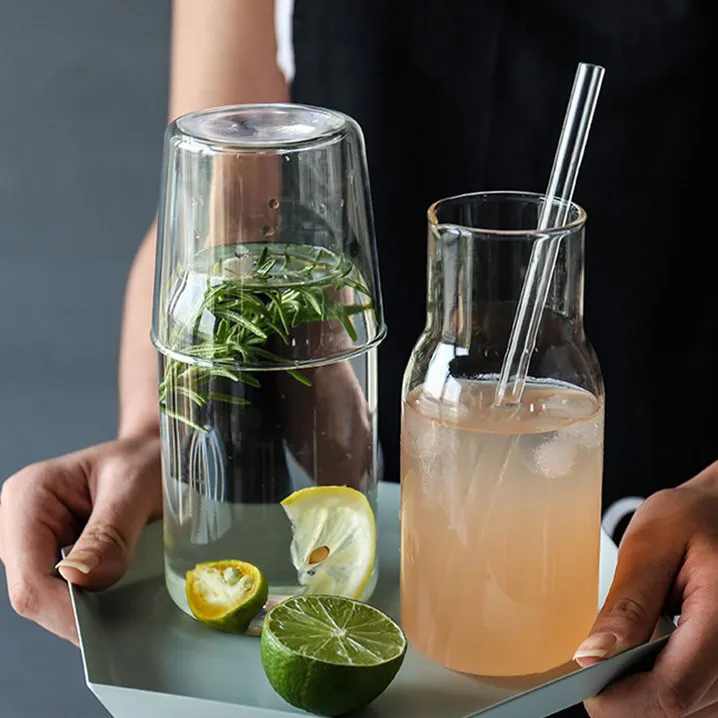 Glass Water Bottle With 1pc Cup Simple Style For Juice Drink