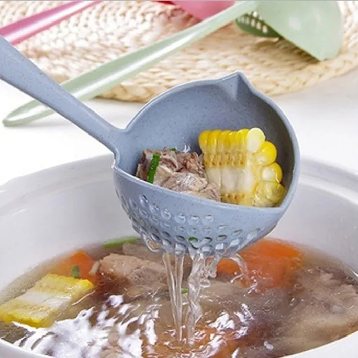 2-in-1 Soup Spoon Strainer Combined Cooking Tool, Wheat Fiber Chinese Kitchen Gadget