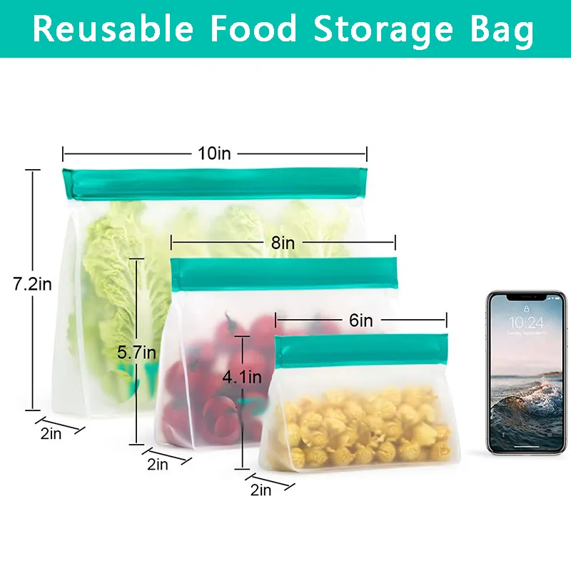 Reusable Refrigerated PEVA Stand Up Food Storage Bags - Simple Style, Degradable, Multiple Sizes