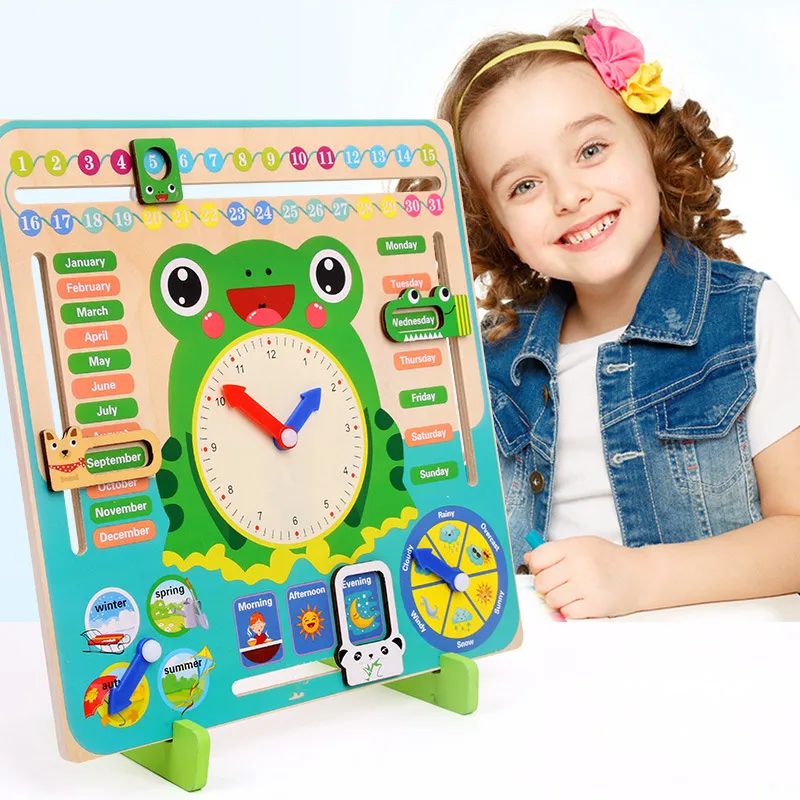 Multifunctional Wooden Frog Puzzle Alarm Clock Kids Toys