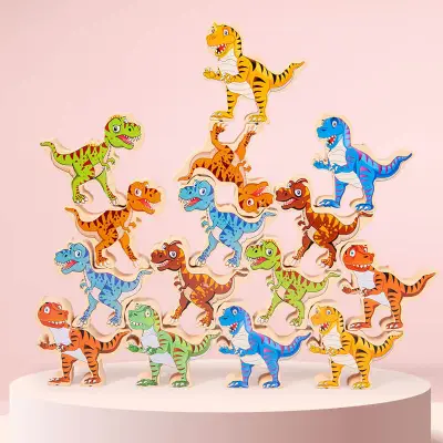 16pcs/set Kids Funny Dinosaur Hercules Shape Puzzle Building Block Toy Wooden Blocks Water-Based Paint Cognitive Dominoes