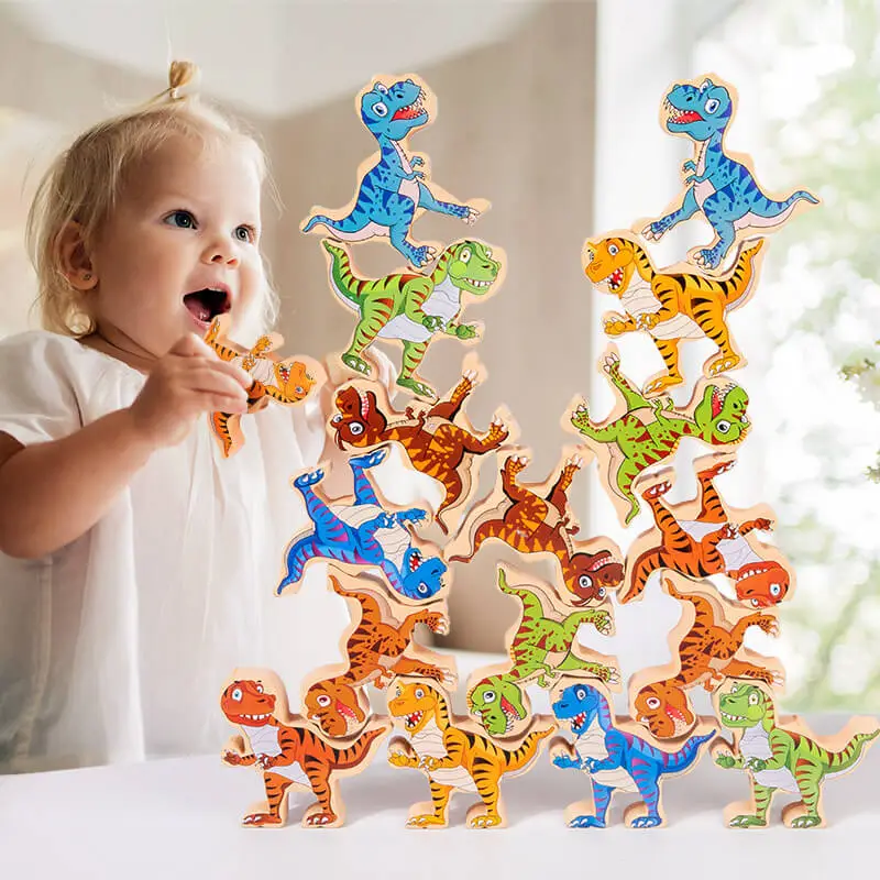 16pcs/set Kids Funny Dinosaur Hercules Shape Puzzle Building Block Toy Wooden Blocks Water-Based Paint Cognitive Dominoes