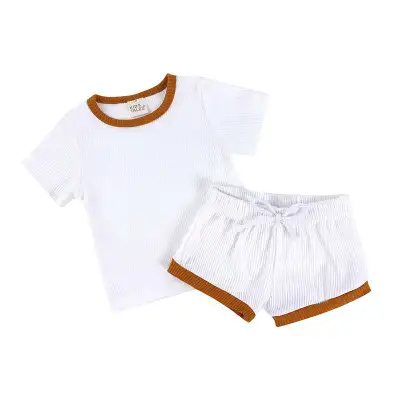 Girls Solid Color Cotton Short Sleeve Top and Shorts Set, Lightweight Pullover Two Piece Outfit for Baby Toddler 0-3T