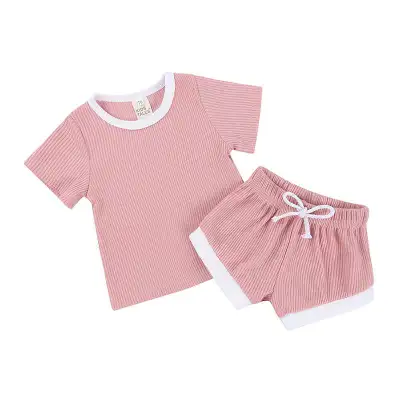Girls Solid Color Cotton Short Sleeve Top and Shorts Set, Lightweight Pullover Two Piece Outfit for Baby Toddler 0-3T