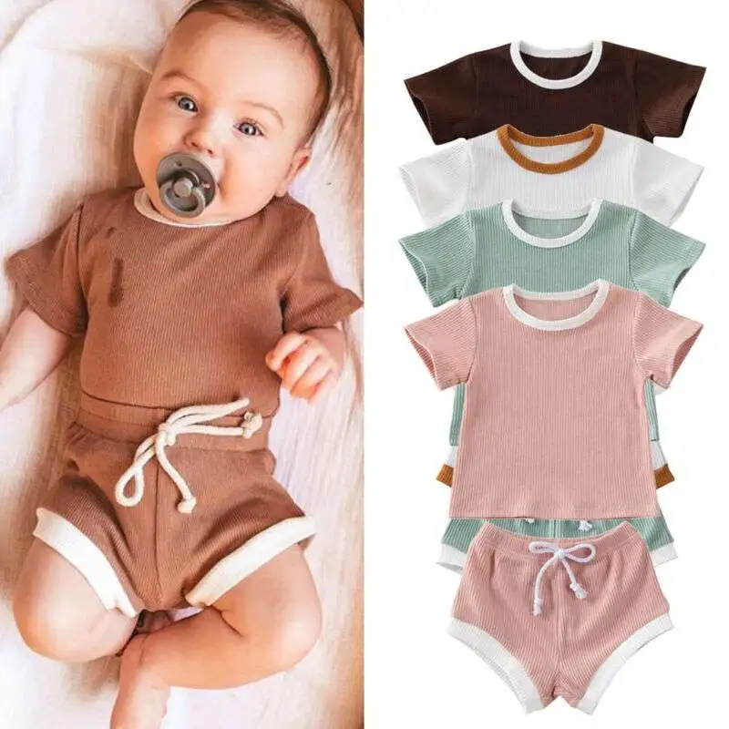 Girls Solid Color Cotton Short Sleeve Top and Shorts Set, Lightweight Pullover Two Piece Outfit for Baby Toddler 0-3T