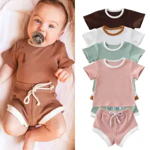 Girls Solid Color Cotton Short Sleeve Top and Shorts Set, Lightweight Pullover Two Piece Outfit for Baby Toddler 0-3T