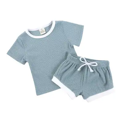 Girls Solid Color Cotton Short Sleeve Top and Shorts Set, Lightweight Pullover Two Piece Outfit for Baby Toddler 0-3T