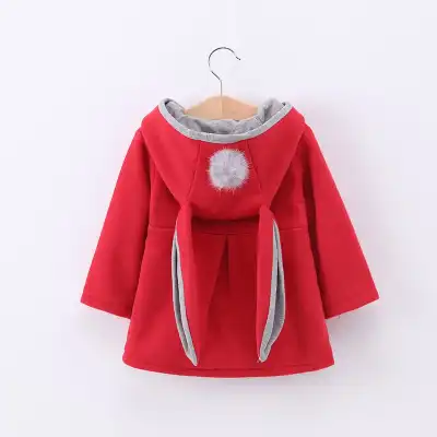 Cartoon Girls Pompon Rabbit Ear Design Coat Cotton Thicken Long Sleeve Single-breasted for Baby Girls 0-3T