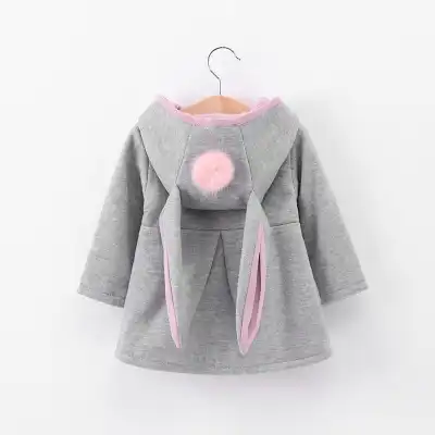 Cartoon Girls Pompon Rabbit Ear Design Coat Cotton Thicken Long Sleeve Single-breasted for Baby Girls 0-3T