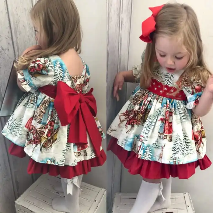 Girls Christmas Printed Bowknot Princess Dress