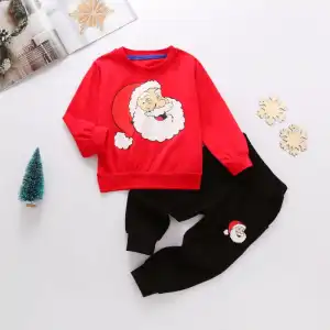 Kids Christmas Santa Cartoon Printed Tops And Pure Color Pants Set For Unisex