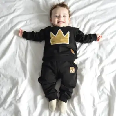 Boys Crown Pattern Printed Long Sleeve Cotton Tops and Pants Set for Baby 0-3T