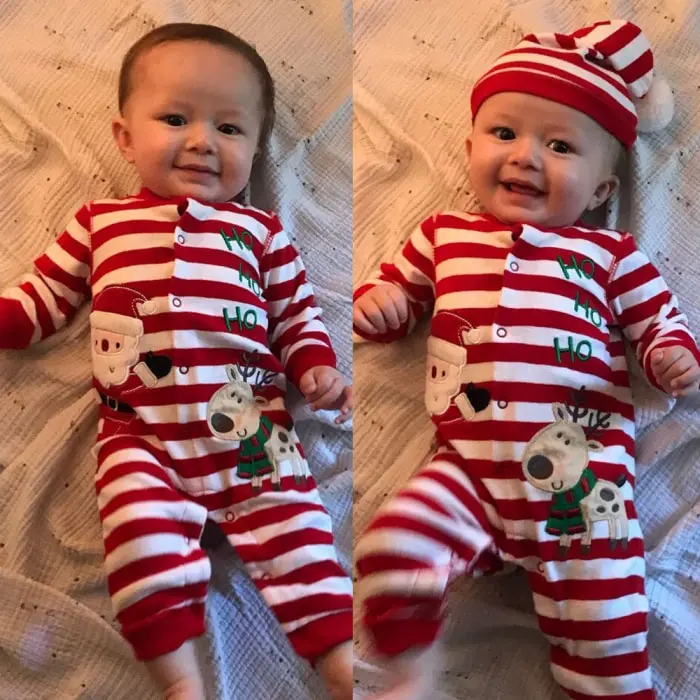 Baby Christmas Stripe Style Jumpsuit With Cap Long Sleeve Lightweight Cotton