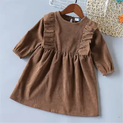 Girls Solid Color Corduroy Pleated A-Line Princess Dress for Baby