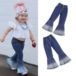 Girls Retro Solid Color Denim Flared Pants High Waist Casual