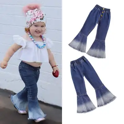 Girls Retro Solid Color Denim Flared Pants High Waist Casual