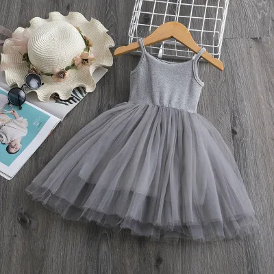 Girls Solid Color Mesh Fluffy Slip Dress Short Sleeve Princess Dress for Baby Girls 0-3T