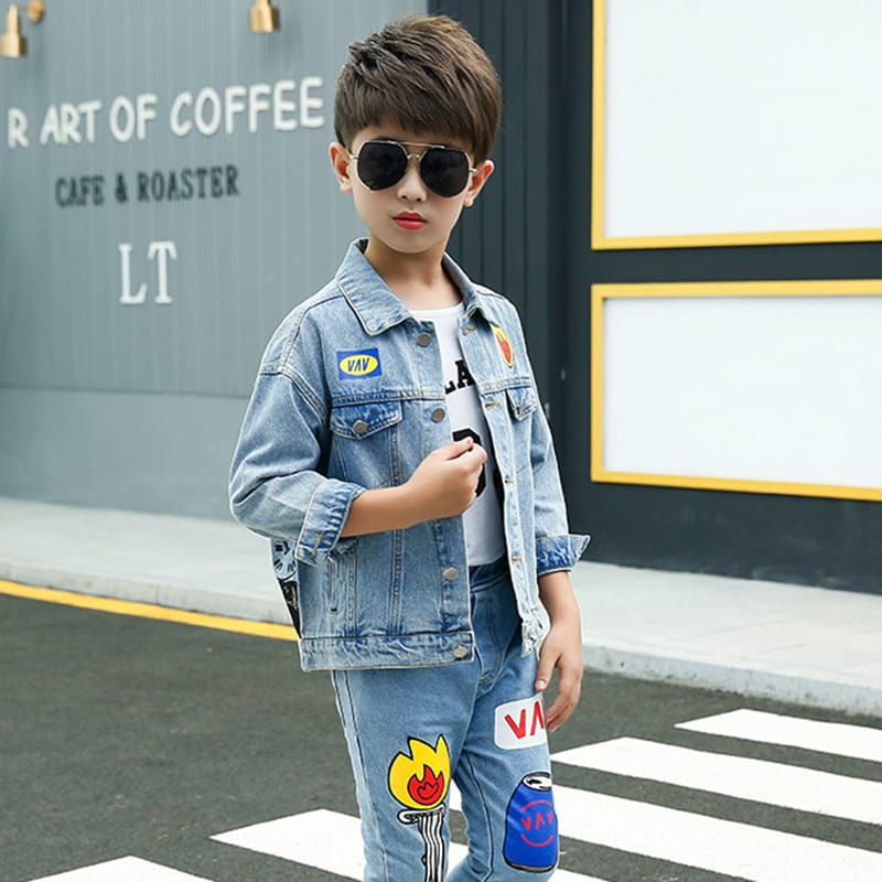 Wholesale Kids Fashion Torch Pattern Letter Printed Denim Jacket