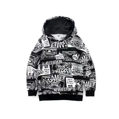 Boys Fashion Cartoon Animal Letter Avatar Hoodie Long Sleeves Pullover Cotton Knit Top