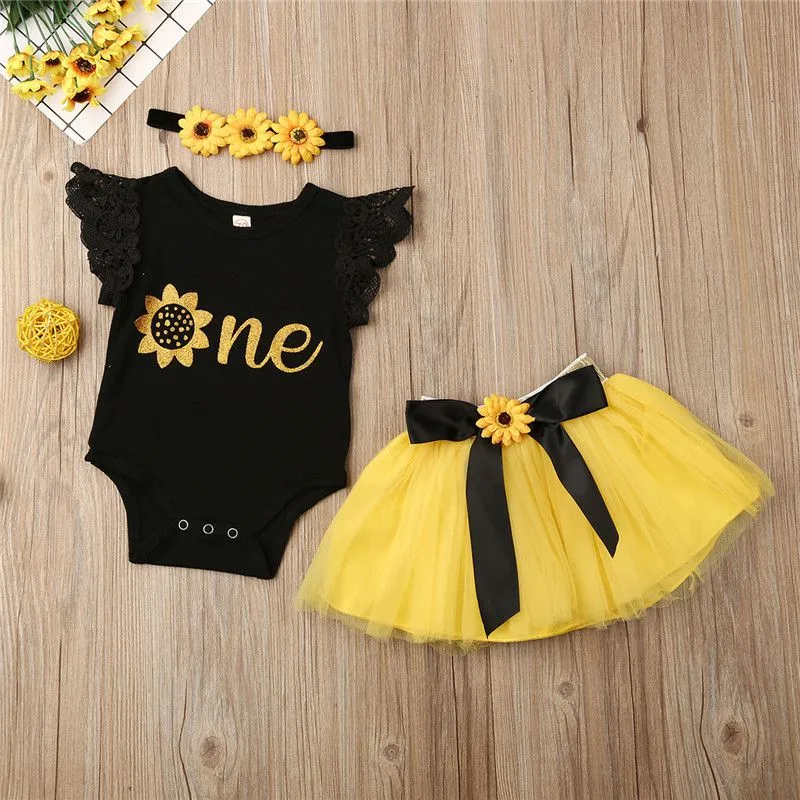 3pcs Baby Girls Ruffled Rompers And Bowknot Skirts With Floral Headband Set